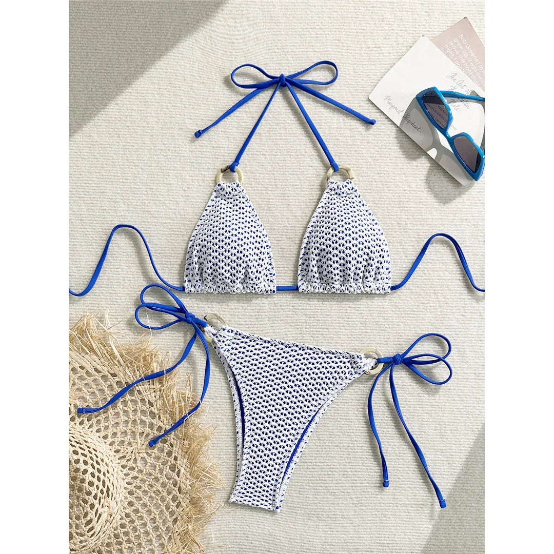 Wrinkled Halter Two-Pieces Bikini Set Bikini Female Swimsuit Women Swimwear Strappy High Cut Leg Bathing Suit Bather Swim V7043