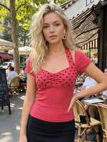 2026 Summer Women T-shirt Dot Print Short Sleeve Square Neck Halter Corset Tops Daily Casual Going Out Shirts Streetwear