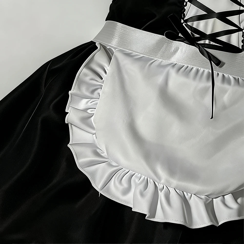 Women Maid Costume Outfit Black White Ruffle Sleeveless Suspender Dress with Apron for Halloween Cosplay Themed Party Role Play