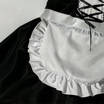 Women Maid Costume Outfit Black White Ruffle Sleeveless Suspender Dress with Apron for Halloween Cosplay Themed Party Role Play