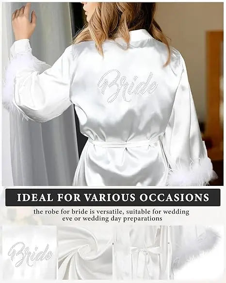 Bride Robe with Feather White Boudoir Dress Long Silk Bridal Lace Dressing Gown Bridesmaid Gifts Satin Feather Trim Bride Kimono