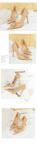 BIGTREE Pumps Elegant Pointed Crystal Buckle Slim High Heel Single Shoes Women Silk Spring/Summer High Heel Pumps Wedding Dress