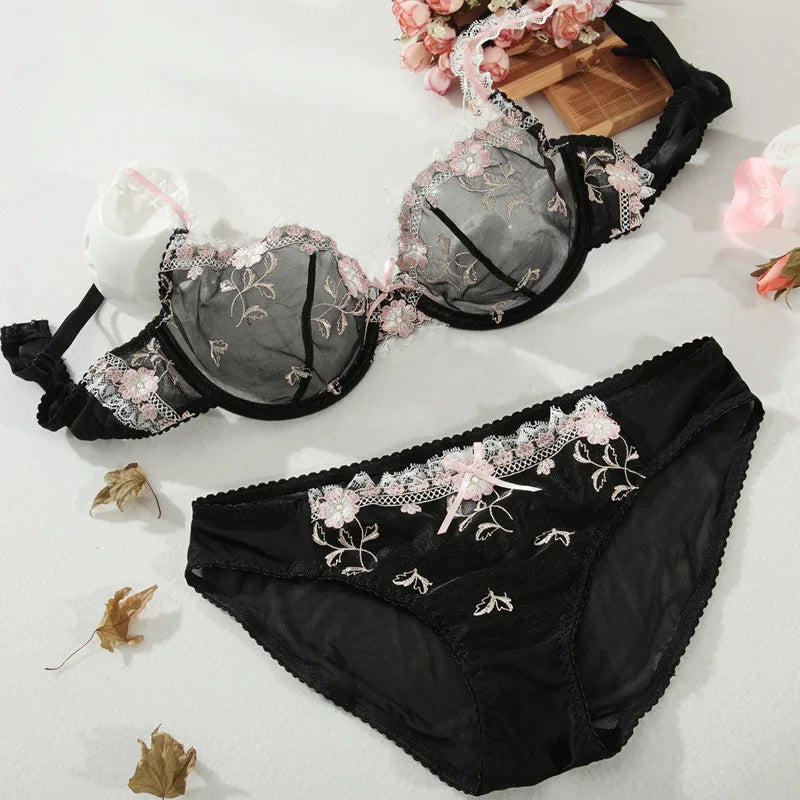 MOYISU Pure Sexy French Ultra-thin Underwire Large Size Bra Set Fat Mm Big Chest Small D Cup Bra Thin Lace Underwear Women