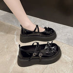 Women Bow Mary Jane Shoes Patent Leather Cross Strap Heart Buckle Chunky Platform Round Toe Sweet Lolita Casual Dress Shoes