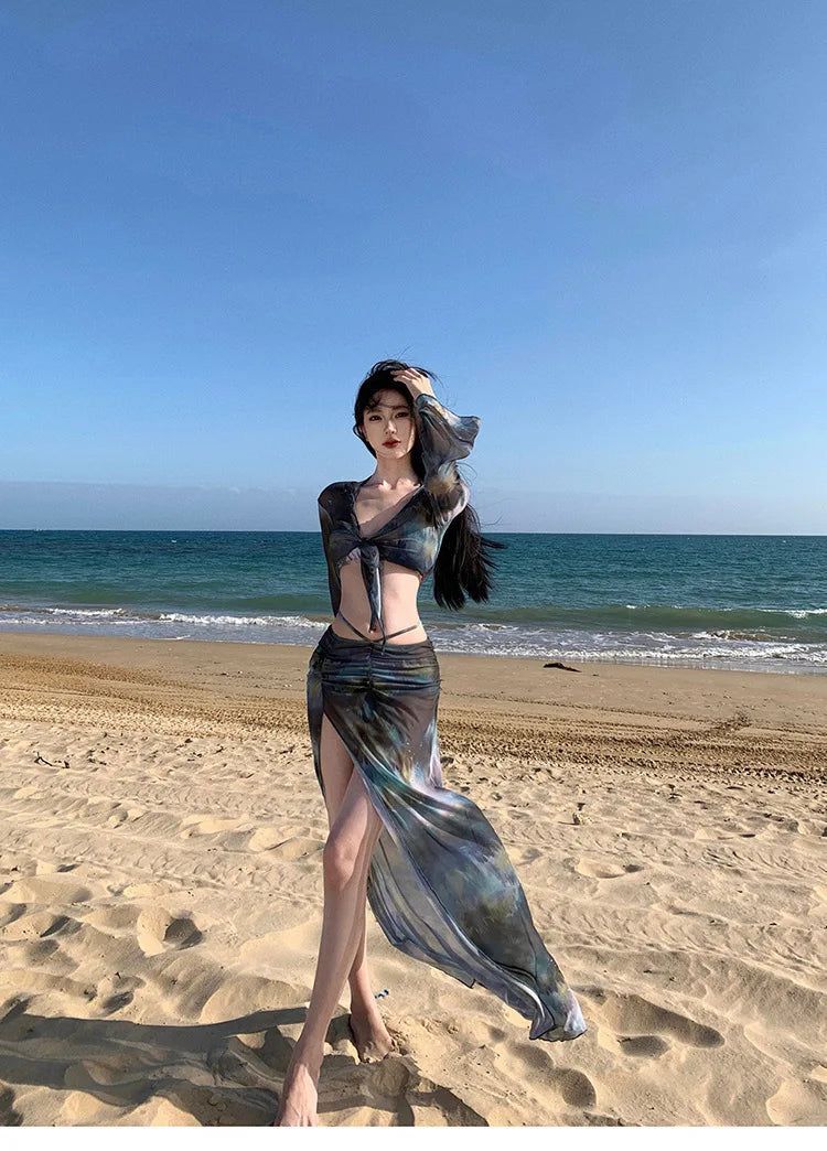 Korean Swimsuit 2025 Women Sexy Black Tie Dye Long Sleeve Cover UpLong Skirt 4 Piece Bikini Set Bathing Suit Vacation Swimwear
