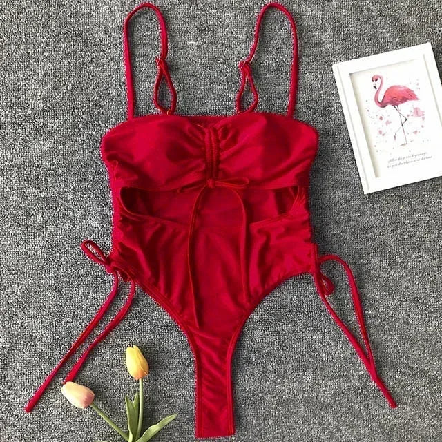 Splicing High Cut Out One Piece Swimsuit Women Tassel Swimwear Female Sexy Bathing Suit String Leopard Bikini 2025 Monokini Lady