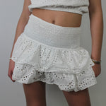 Shirred Mini Skirt A-Line Pointelle High Waist Layered Ruffle Skirt for Women 2024 Summer Solid Color Sweet Skirts