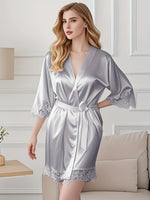 Women's Satin Robe Lace Trim Short Sleeve Belted Bathrobe Lightweight Silky Sleepwear for Home Bridal Nightwear