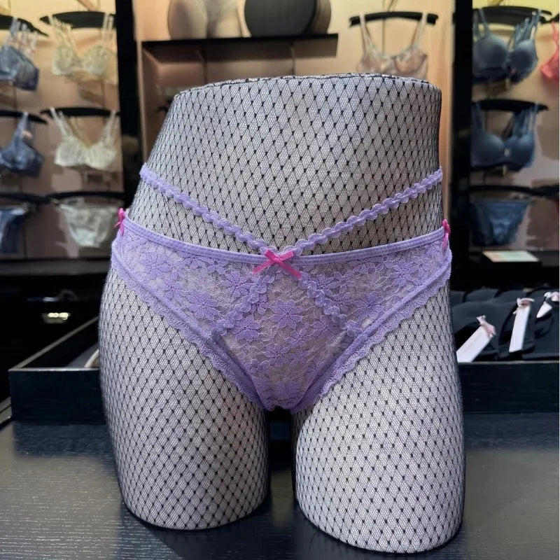 Sexy Lace Thong Double Strap Women's Panties Low Waist Transparent Flower See Through Hollow Out Low Waist G-Strings Underwear
