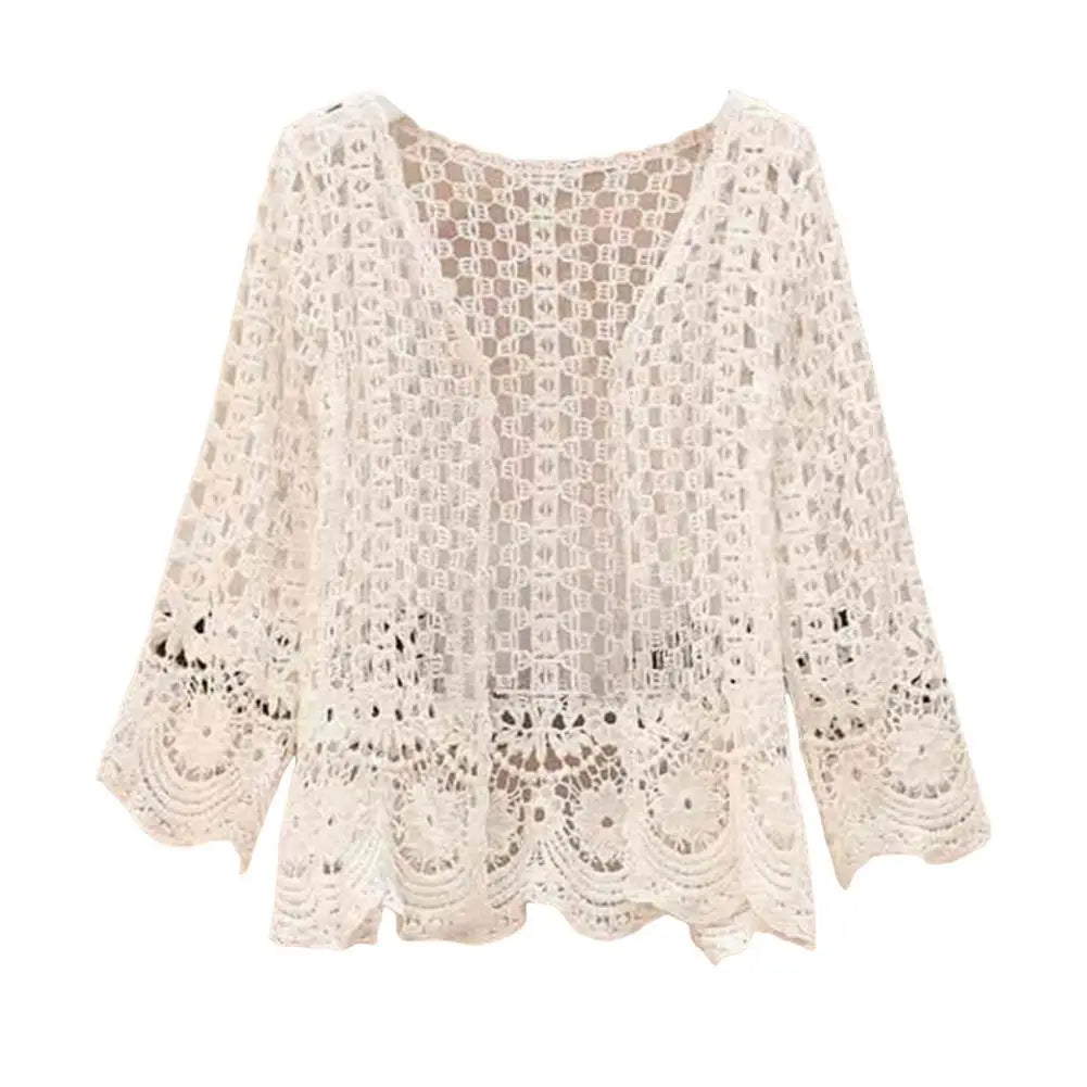 3/4 Sleeve Hollow Out Open Front Sheer Sweater Crochet Cardigan for Women Lightweight Boho Summer Beach Knit Shrug