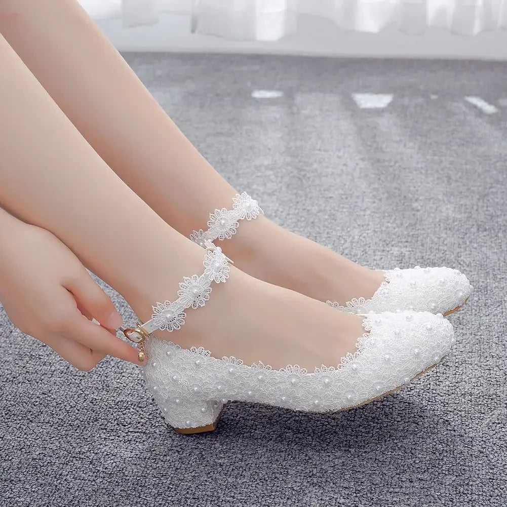 Women 3CM High Heels White Lace Pearl Wedding Shoes Sexy Bride PartyPointed Toe Shallow Mouth Pumps Shoe BridesmaidPink