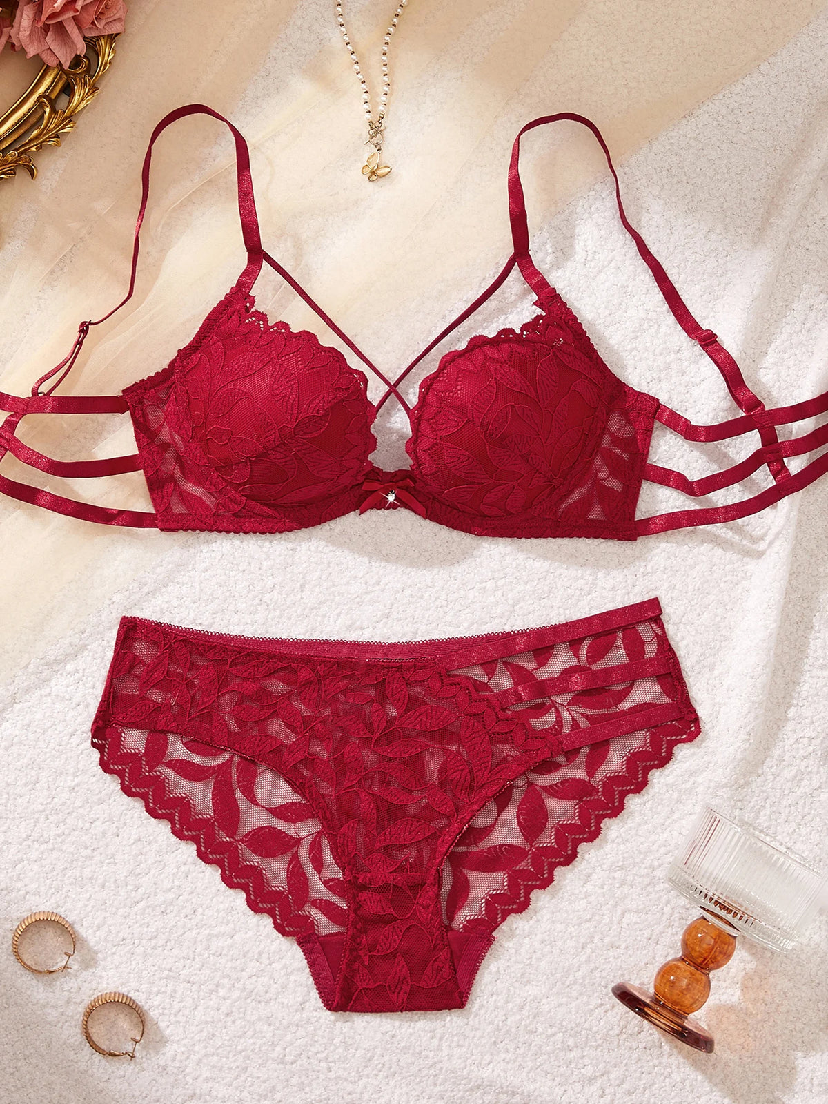 Women Floral Lace Lingerie Set Solid Thin Straps Push Up Sexy Bra Romantic Sheer Intimate Underwear