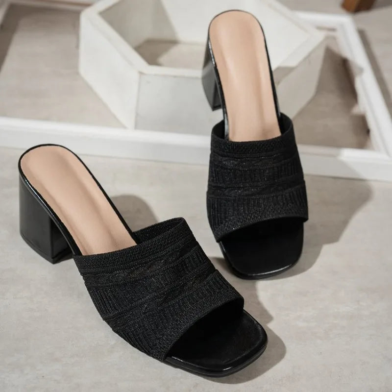 High Heeled Slippers Summer New Square Toe Open Toe Mesh Breathable Non-Slip Wear-Resistant Block Heel Sandals