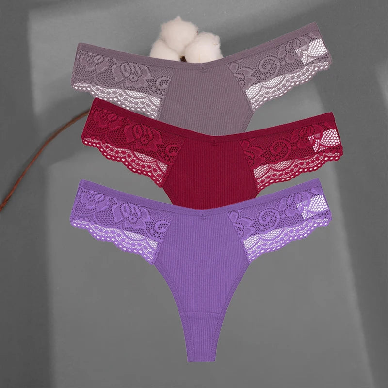 3Pcs/set Cotton Thongs Lace Bikini Underpants Women S-XL T-Back Underwear Ladies G-string Soft Thong Panties Female Lingerie New