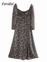 Vintage Floral Print Bohemian Long Dress Women Summer Spring Lantern Sleeve Chiffon Boho Beach Slit Dress Casual Dress Autumn
