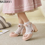 Girls Women 2026 Lolita Square Heeled Leather Single Shoes White Bow Lolita Mary Janes Summer Buckle Strap Sandals Dress Shoes
