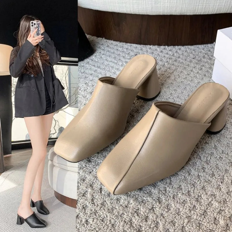 Comemore Baotou Half Slippers Women Square Head High Heels Shoes Fashion Outside Wear Thick Heel Solid Color Mules Slides Shoes