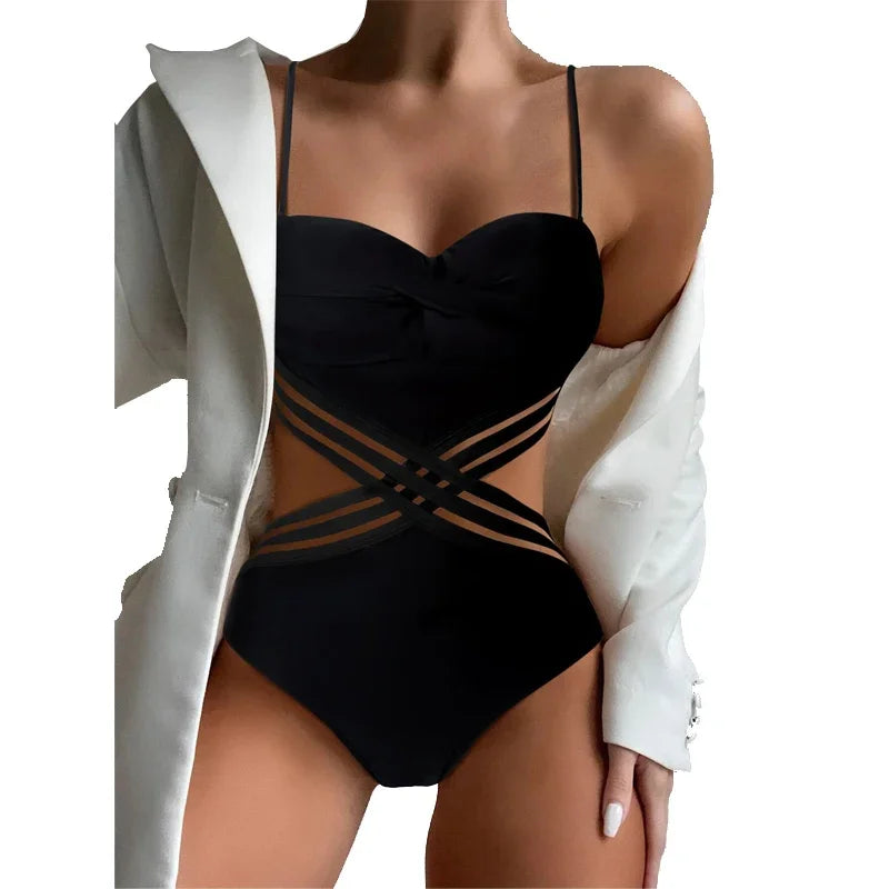 Black Push Up Swimsuit One Piece Swimwear Women Cut Out Trikini Swimming Suit Brazilian Monokini Bodysuit Beach Bathing Suit