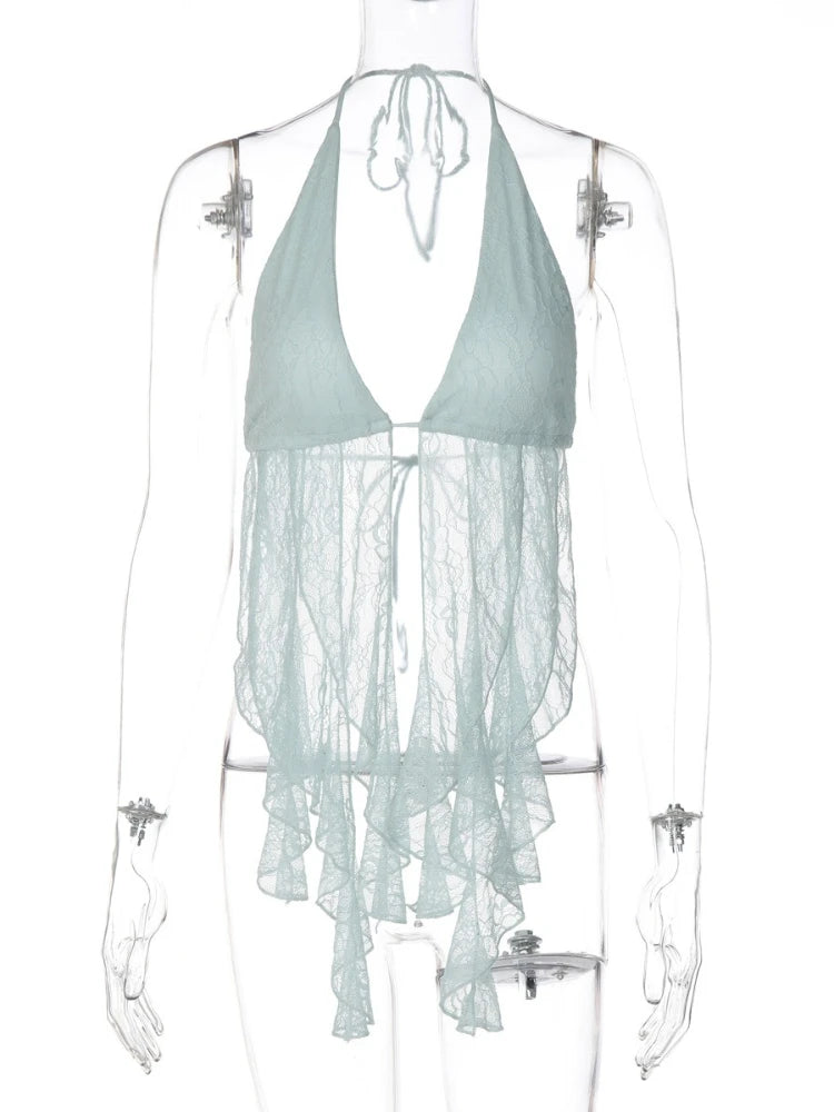 FDYOUI Fashion Sexy Off Shoulder Backless Blue Corset Holiday Beach Tops Women's Summer Halter Hollow Out Camisoles Streetwear