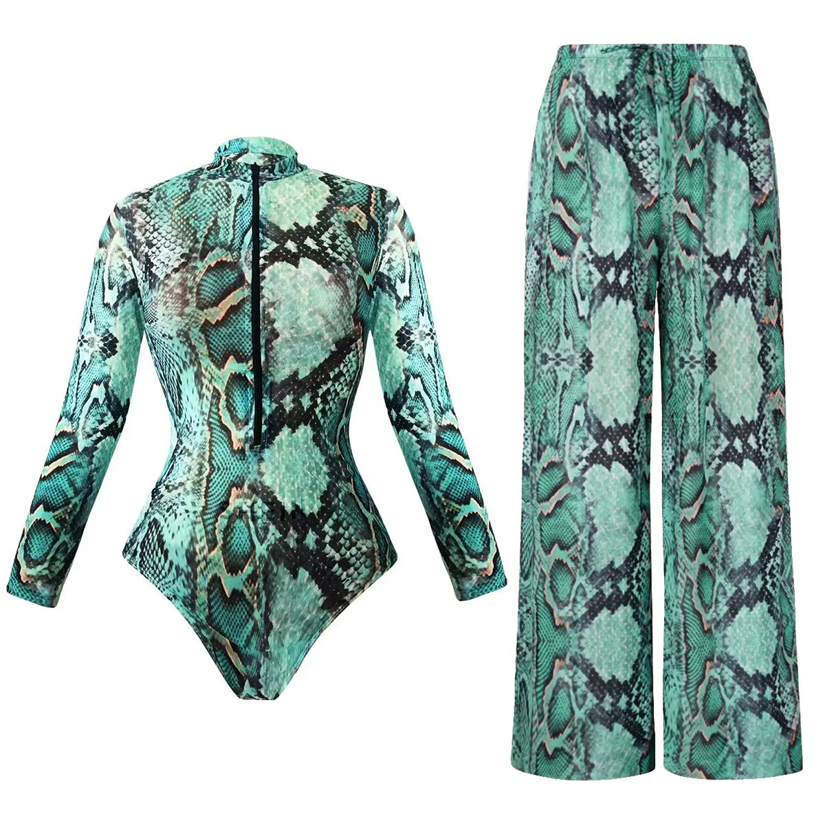 Slimming Mesh Swimsuit One Piece with Long Sleeves Sexy Bathing Suit Featuring Skirt ＆ Long Pants Bodysuit for Smart Beach Wear