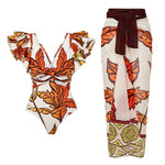 2024 Women Swimwear 2PC Cover-up Swimsuit Ruffle Solid Printed Deep V One-piece Monokini Kimono Bikini Suit Summer Beachwear