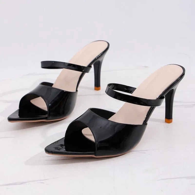 Bare colored patent leather sandals for women wearing slippers, slim heels, round toe, exposed toes, sexy new summer high heels