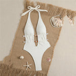 Sexy Halter Backless White Swimsuit Woman One Piece Bead String Swimwears 2026 Hollow Out Monokini High Cut Swimming Suit Bather