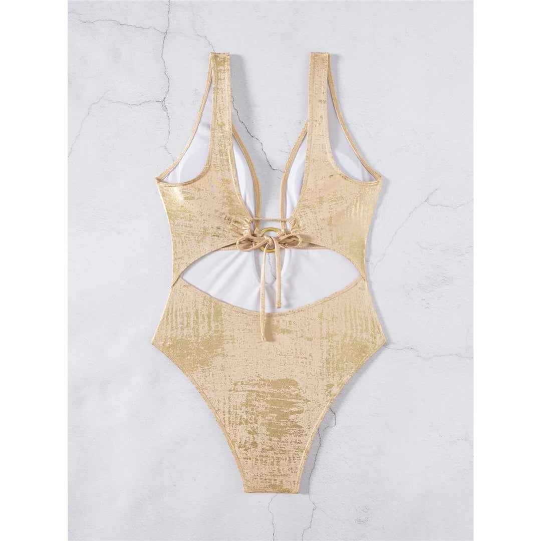 Sexy Golden Deep V Neck High Cut Leg Backless One Piece Swimsuit Women Swimwear Female Monokini Bather Bathing Suit Swim V6690