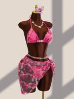 Sexy Pink Floral Embroidery Bikini Set 2026 Women Push Up Bra Triangle Swimsuit Holiday Bathing Suit Cover Up 3 Piece Swimwear
