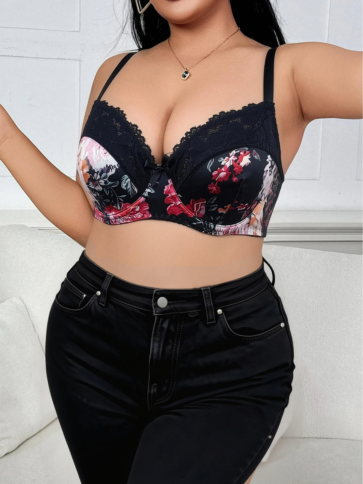 Anti-sag Push Up Bra Plus Size Black Base Red Floral Print Lace Side Gather Lift Up Large Brassiere Flower Pattern Underwear