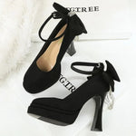 BIGTREE Women's Pointed Toe High Heels Back Bowknot Elegant Flock Ankle Strap Pumps for Women Black Dress Shoe Wedding Party