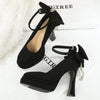 BIGTREE Women's Pointed Toe High Heels Back Bowknot Elegant Flock Ankle Strap Pumps for Women Black Dress Shoe Wedding Party