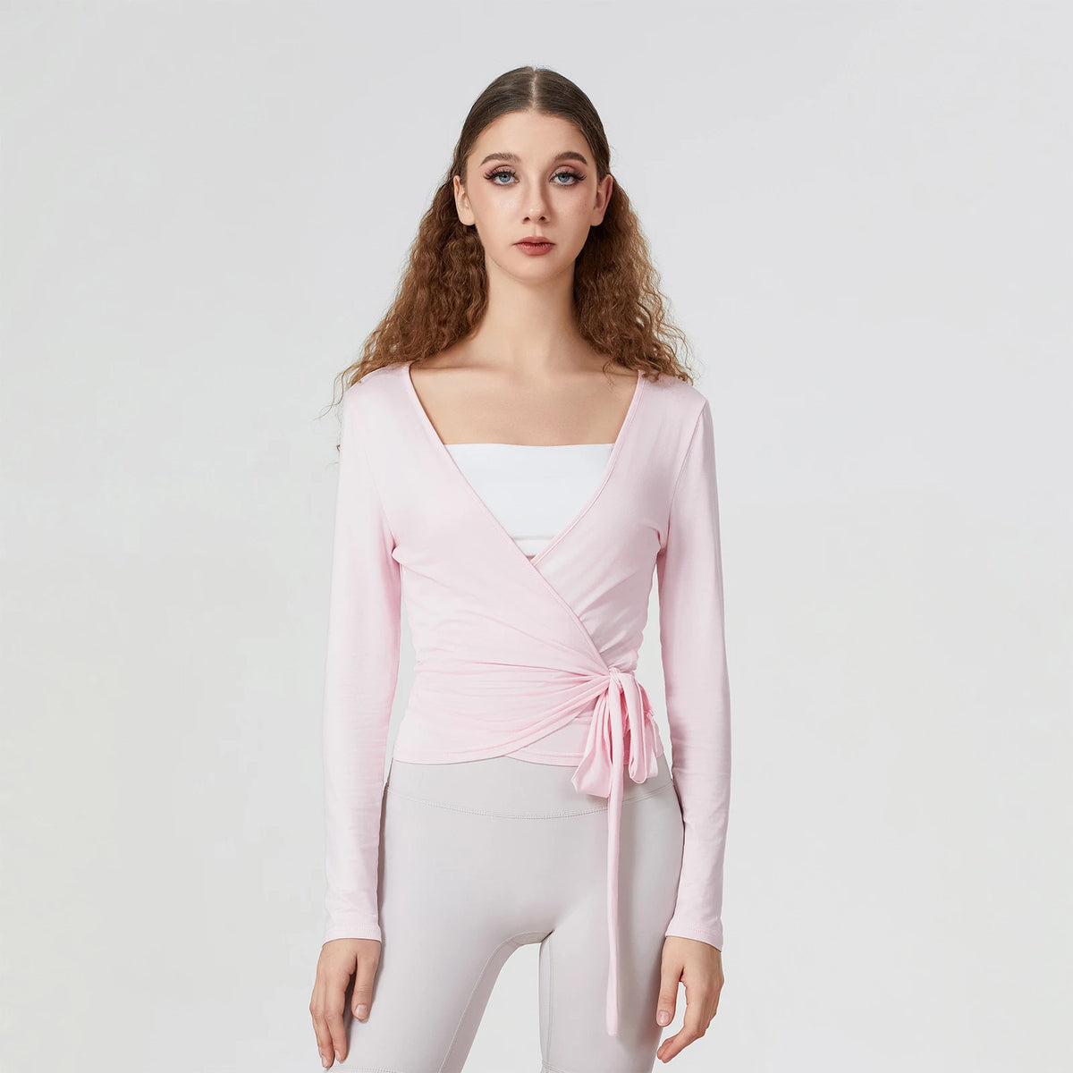Women’s Spring Summer Cross Wrap Tie Tops Long Sleeve Deep V Neck Solid ColorWorkout Slim Fit Basic T-Shirts