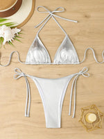 Sexy Shiny Silver Bikini Set Women Push Up Micro Swimsuit 2025 Brazilian Beach Bathing Suit Tie Side Thong Swimwear Biquini