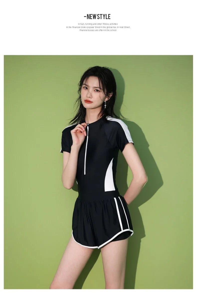 New Women's Swimsuit, One-piece Coverage Slimming EffectConservative Sports Style Hot Spring Flat Leg Pants Swimsuit Plus Size