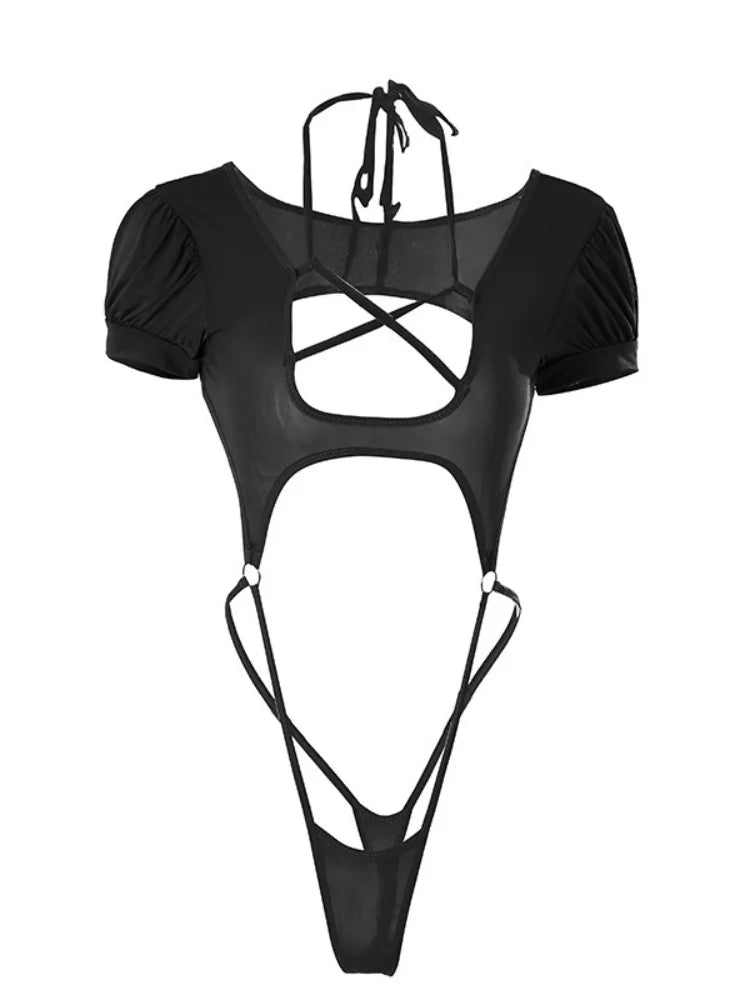 Sexy Pentagram Cutout Bodysuit Puff Sleeve Choker Neck One-Piece Bodysuit with Side Strap Hollow Out for Nightwear Boudoir Shoot