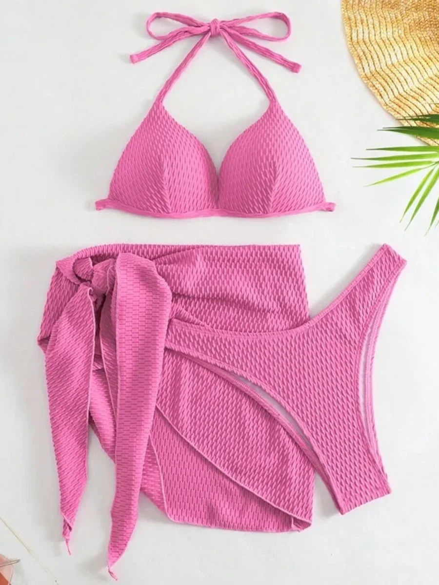 With Skirt Wrinkled Bra Cup Bikini Female Swimsuit Women Swimwear Three-pieces Bikini Set Push Up Bathing Suit Swim Beachwear