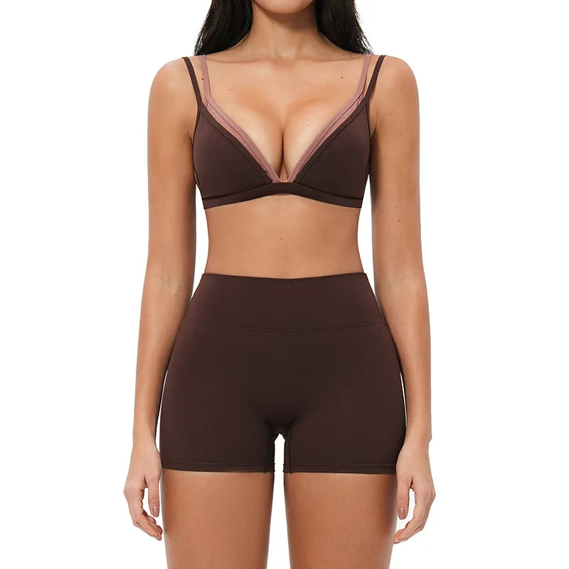 Women 2PCS Yoga Suit Double Strap Shockproof Sports Bra High Waist Tigh Short Fitness Suit Gym Running Leggings Tracksuits
