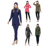 3Pcs/Set Women Split Swimsuit Front Skirt Secure Zipper Closure UV Protection Tops Long Swimming Trousers Set With Headscarf