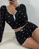 New 2PCS Women Elegant Pajama Set V-Neck Long Sleeve Top Pants Heart Pattern Sleepwear Comfortable Knit Homewear Casual Style