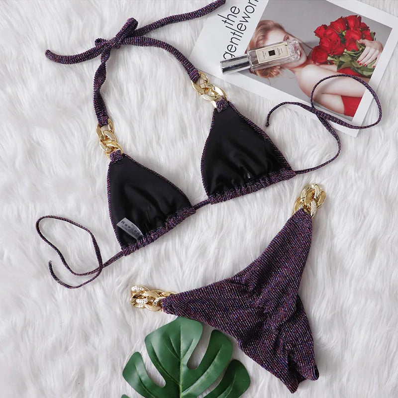Halter Ribbed Metal Chains Diamond Bikini Women Swimsuit Female Swimwear Two-pieces Bikini Set Bather Bathing Suit Swim Lady