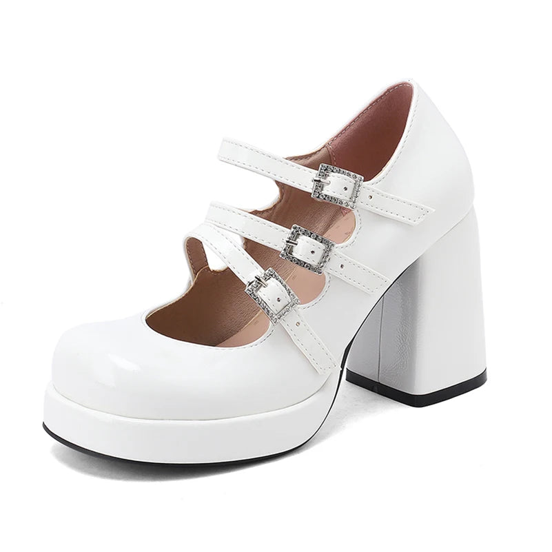 Plus Size Women Red Patent Leather Platform Mary Jane Shoes 3 Rhinestone Buckle Straps Chunky BlockY2K Lolita Party Pumps