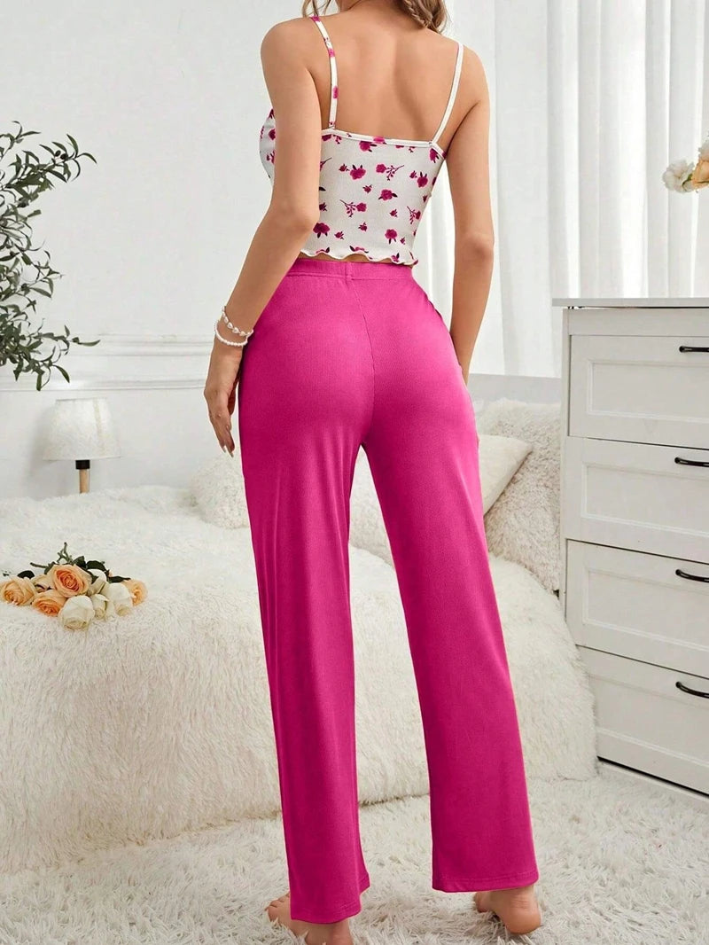 Ladies' Sexy Floral Print Pajama Set Soft Spaghetti Strap Top With And Elastic Pants For Comfortable Sleepwear and Loungewear