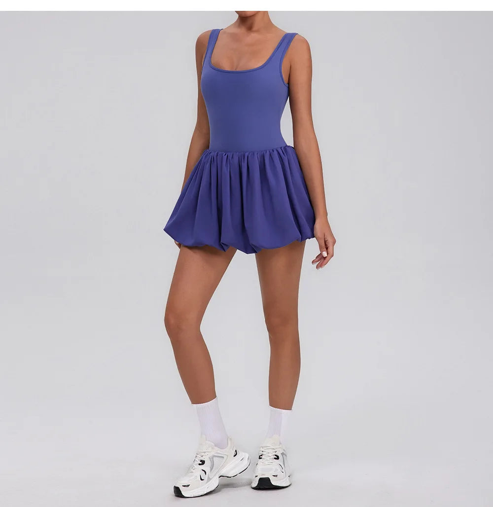 Summer One-piece Tennis Dress Women Fitness Fake Two-piece with Inner Separate Shorts Pockets Sleevesless Sports Pleated Skirt