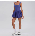 Summer One-piece Tennis Dress Women Fitness Fake Two-piece with Inner Separate Shorts Pockets Sleevesless Sports Pleated Skirt