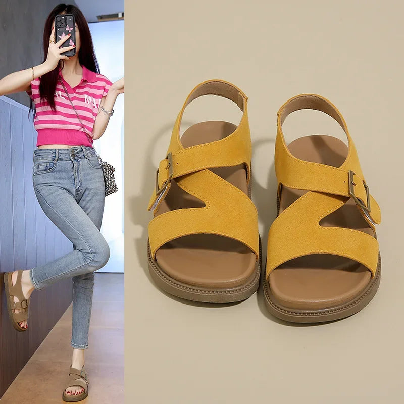 Women Sandals Summer New Solid Color Open Toe Flat Casual Slippers Buckle Fashion Outdoors Beach Sandals Sandalias De Mujer