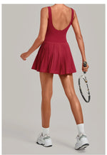 Naked Fake Two Piece Tennis Dresses with Pocket Bottom Women Back Hollow Out Pleate Skirts Outwear Square Collar Golf Yoga Dress