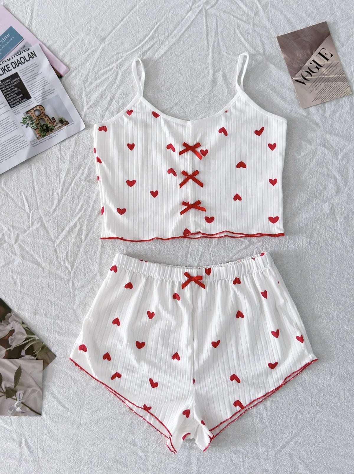 Cute Heart Print Pajama Set Women's Ribbed Cami Top & Shorts Bow Detail Sleepwear Loungewear Soft Comfortable Pj Set New Fashion