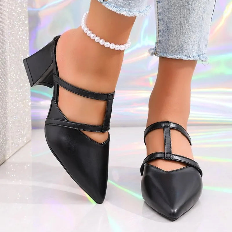 Baotou Semi-slippers Women's Summer Wear Fashion Pointed Toe Shallow MouthSquare Heel Sandals and Slippers
