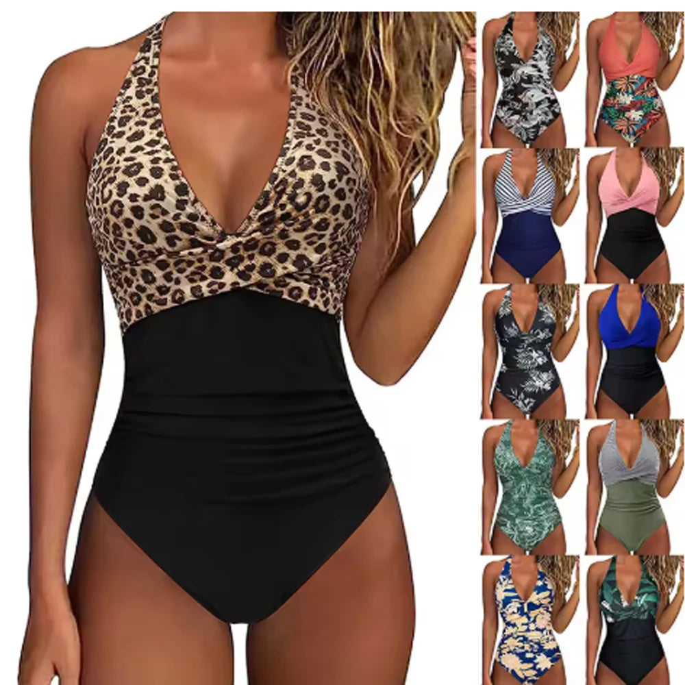 New Print One Piece Swimsuit Women Sexy Pleated Bathing Suit Leopard Printed Bodysuit Bikini Set Summer Fashion New Beachwear